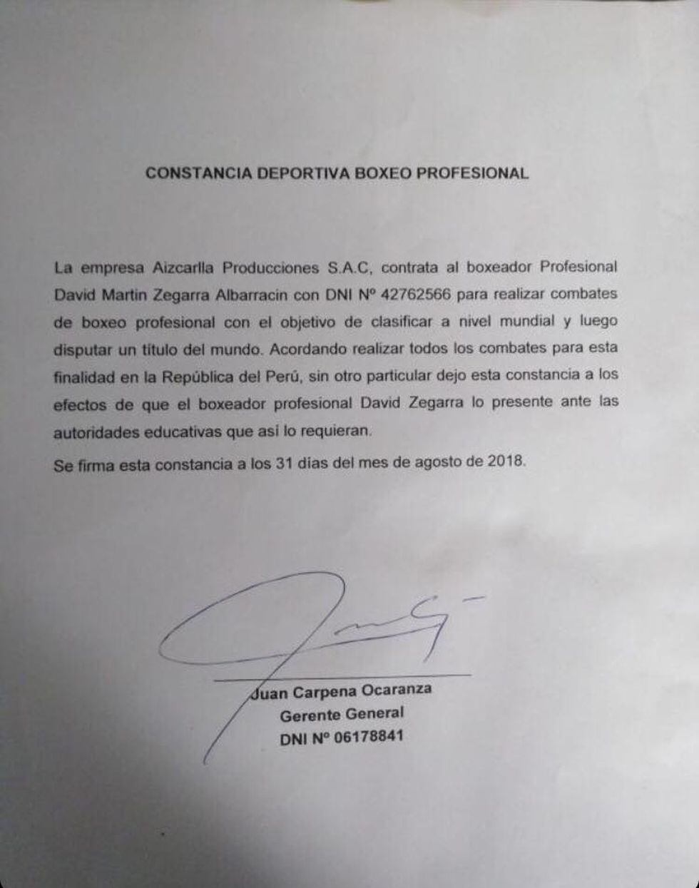 Constancia Deportiva de Boxeo Profesional entre Juan Cárpena y 'Pantera' Zegarra.