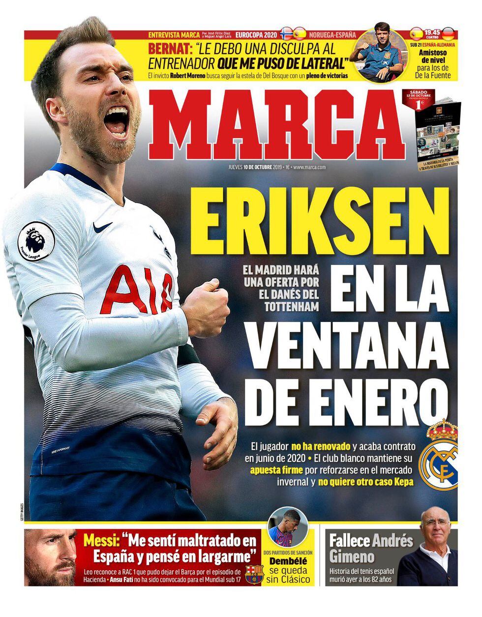 La portada de 'Marca' de este jueves con Eriksen como protagonista. (@marca)