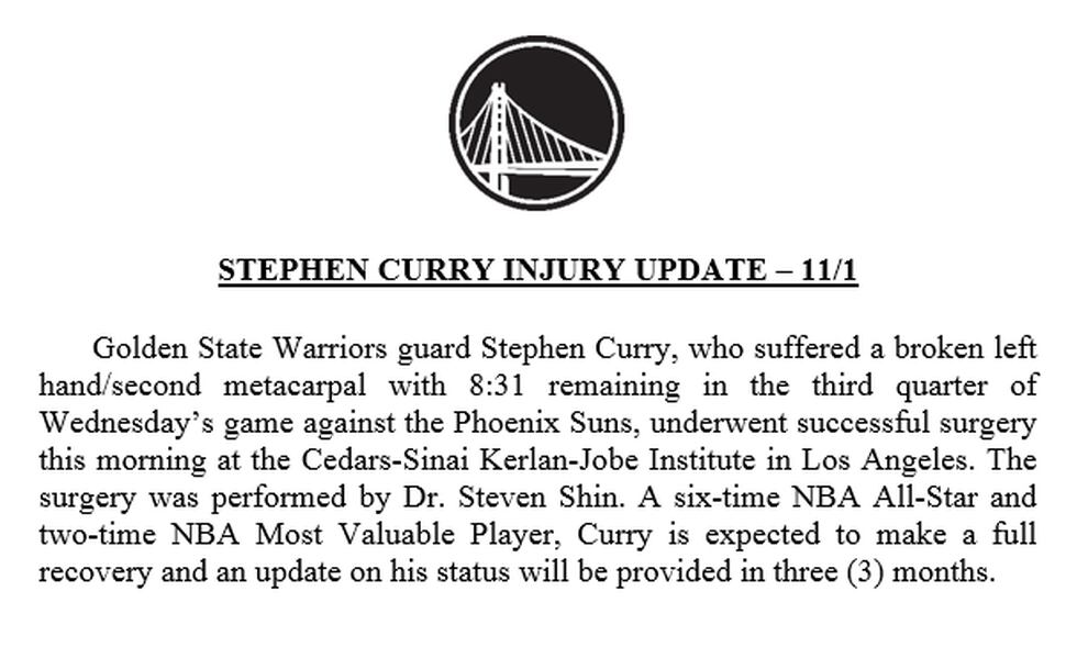 El comunicado sobre la lesión de Stephen Curry. (Foto: Golden State Warriors)