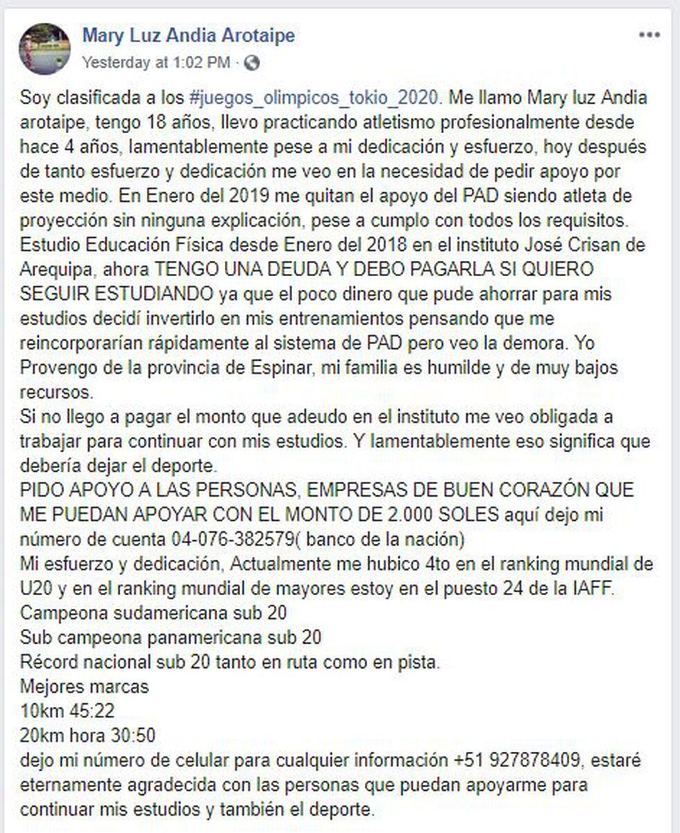 Publicación de Mary Luz Andía. (Foto: Facebook)