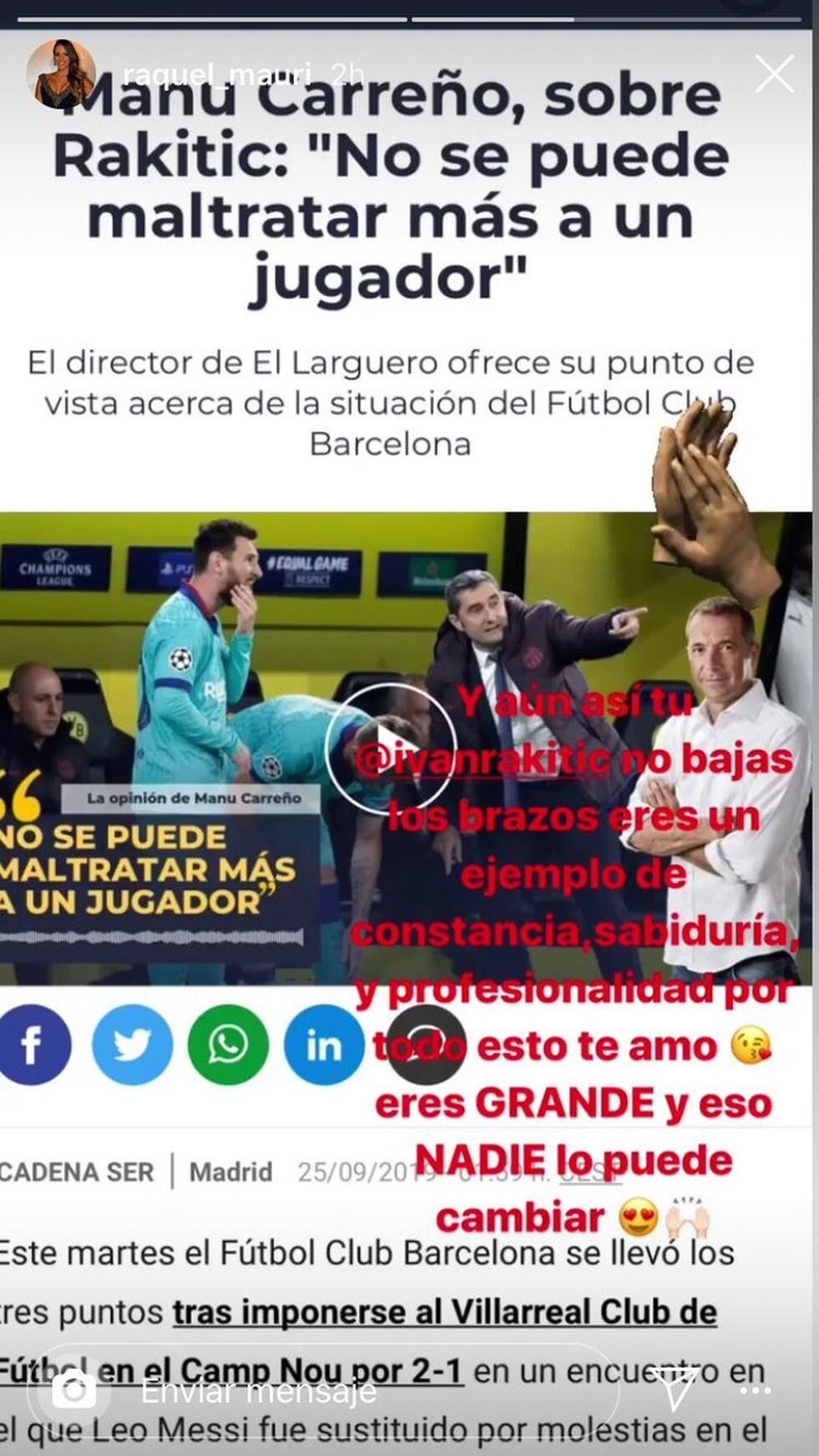 La defensa de la esposa de Ivan Raktic al jugador. (Instagram)
