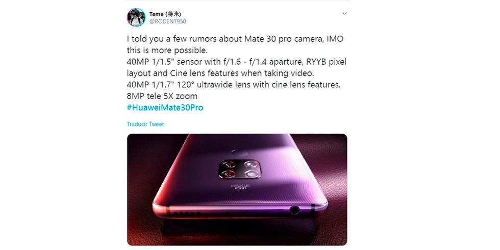 ¿Cómo serán las cámaras del Huawei Mate 30 Pro? Conoce todos los detalles del terminal que será lanzado en septiembre. (Foto: Twitter)