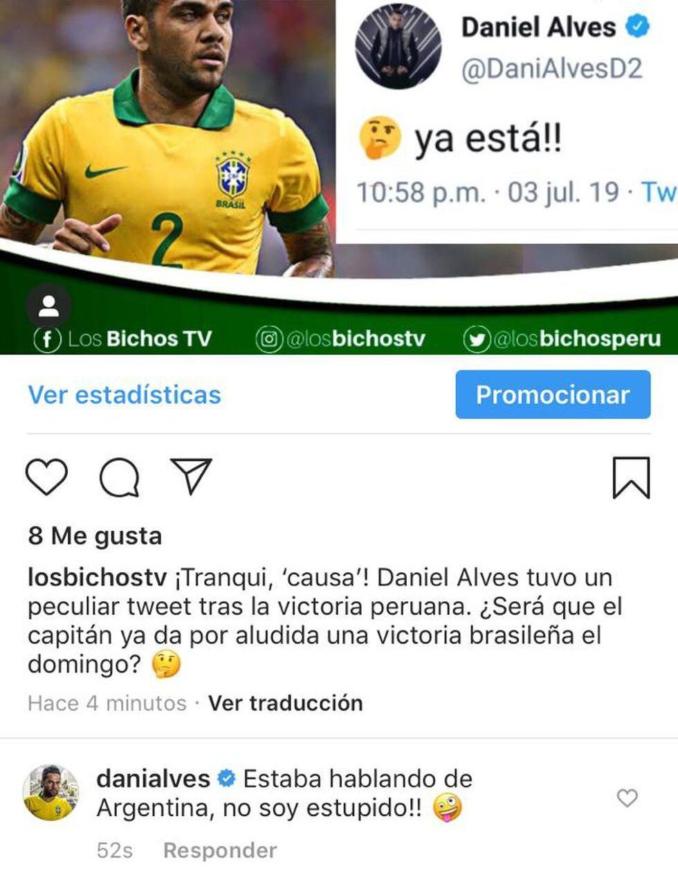 Perú vs. Brasil: Dani Alves respondió sobre el polémico mensaje tras conocer que la 'Blanquirroja' será finalista. (Captura)