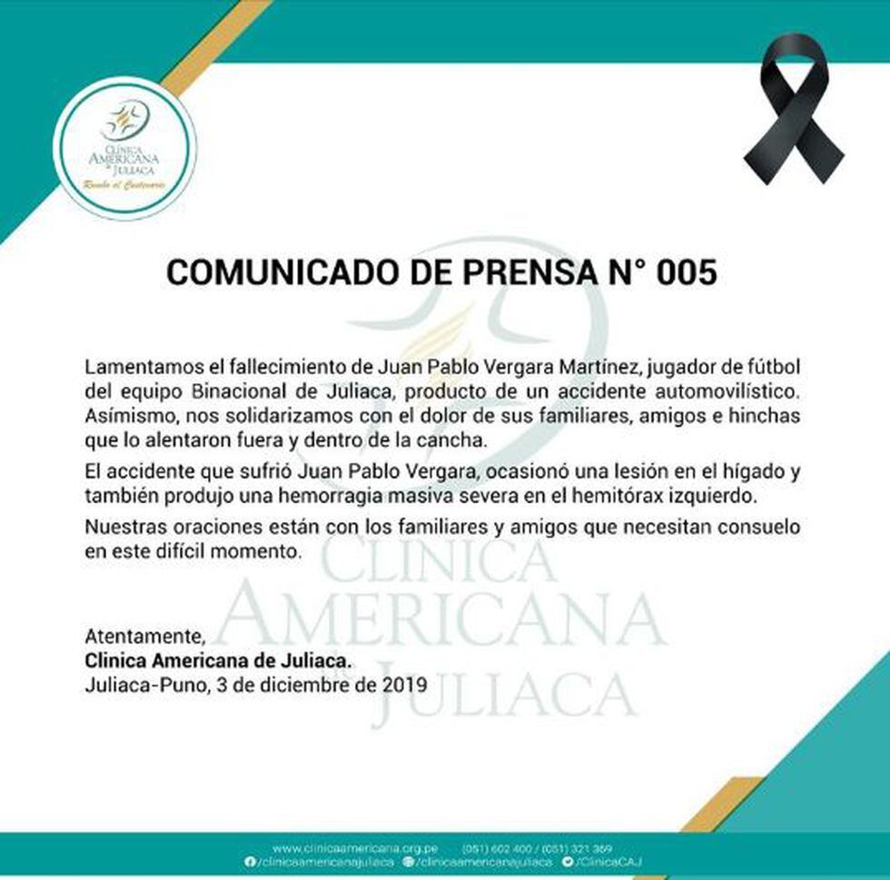 El comunicado de prensa de la clínica en la que falleció Juan Pablo Vergara.
