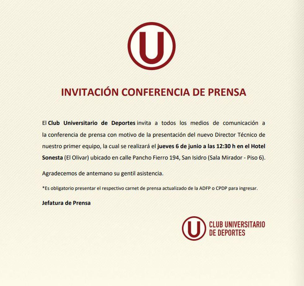 La invitación para la conferencia de prensa de Ángel Comizzo.