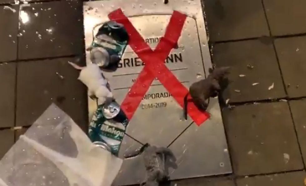 Basura y ratas de peluche sobre la placa de Griezmann en el Metropolitano. (Foto: Twitter)