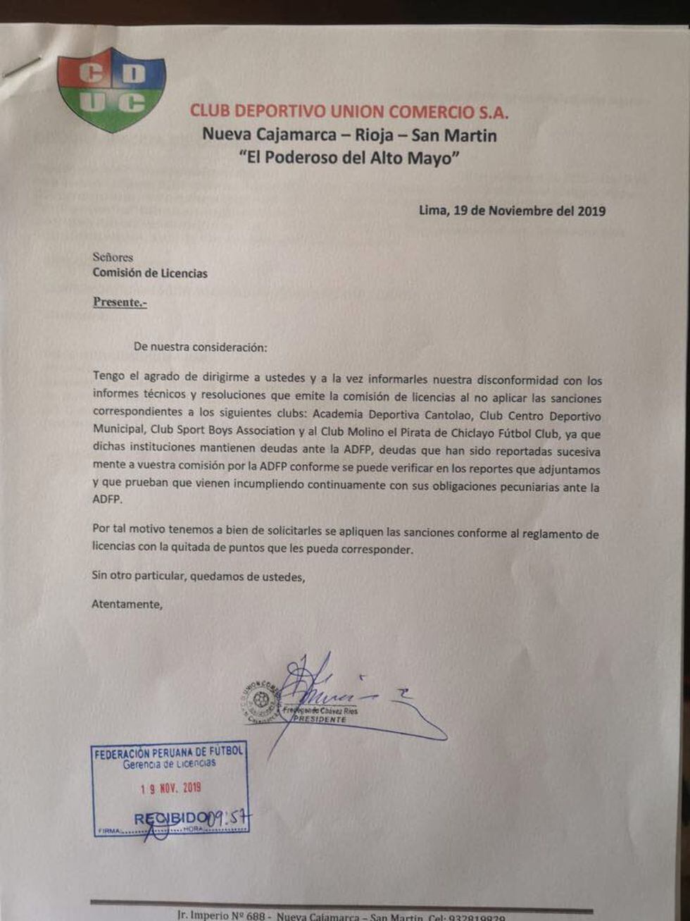 La carta que presentó Unión Comercio. (Ovación.pe)