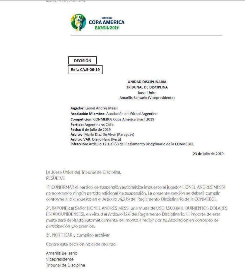 El documento de Conmebol que vienen difundiendo medios argentinos sobre la sanción a Messi.