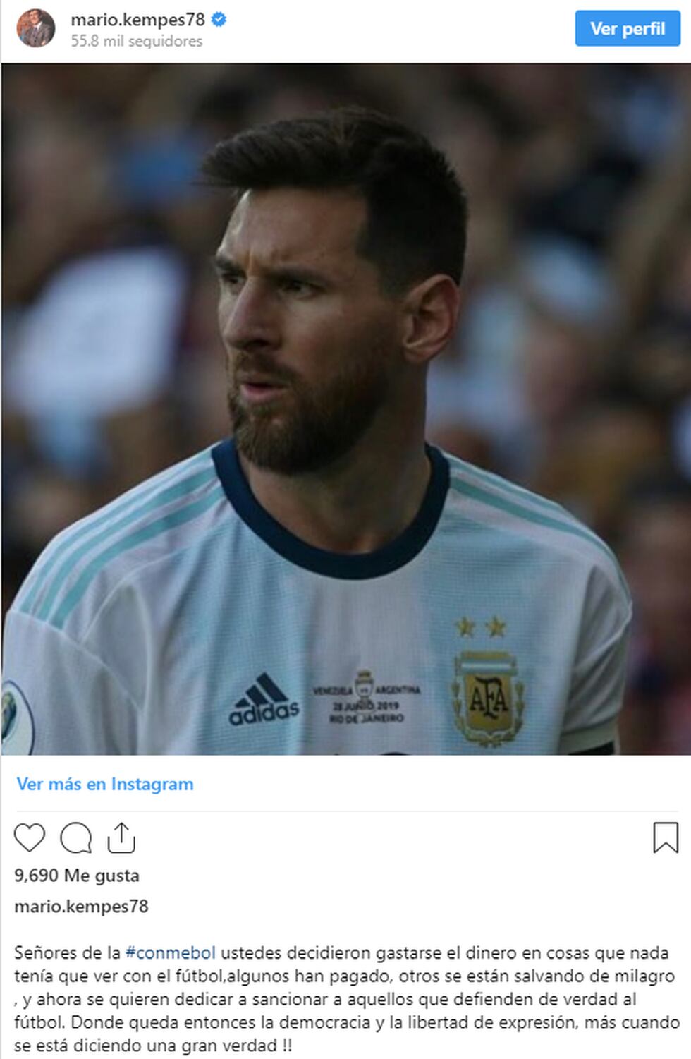 El mensaje de Mario Kempes en favor a Lionel Messi. (Foto: Instagram)
