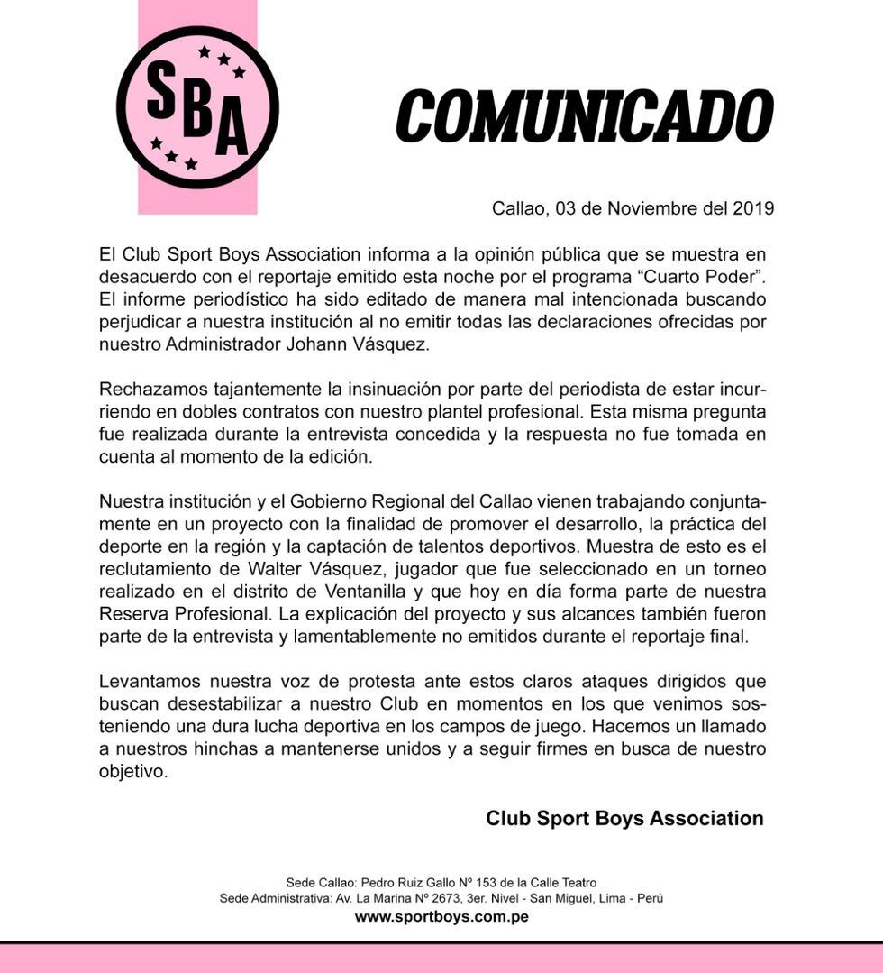 Sport Boys se pronunció sobre acusaciones de pagos indebidos a sus jugadores y asistentes técnicos. (Foto: Sport Boys)