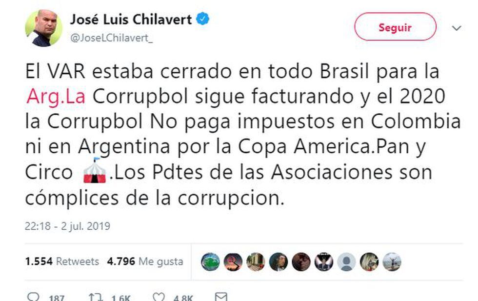 Esto fue lo que puso José Luis Chilavert en su cuenta de Twitter.