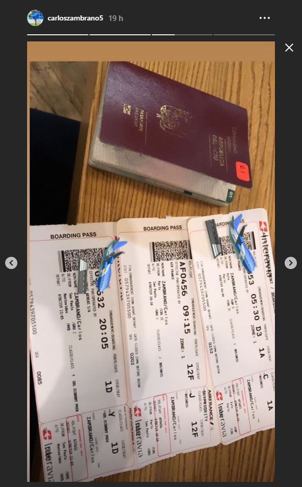 Así fue el itinerario de vuelo de Carlos Zambrano para llegar a la concentración de la Selección Peruana. (Foto: Instagram)